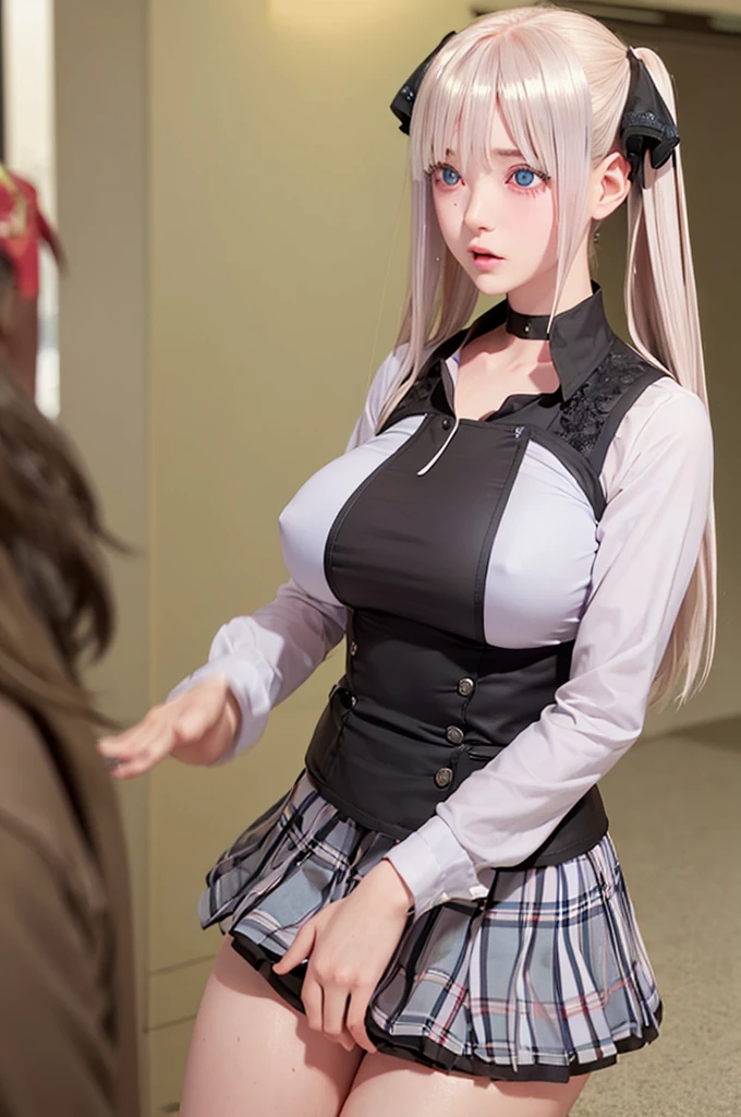 One girl,masterpiece,Highest quality,Blonde,No sleeve、stockings,Checked skirt),Short skirt JK,,Are standing,In total length,Medium chest,Very detailed,[[Realistic]],Beautiful and attractive anime ,Enchanting anime girl,Swinging skirt,blue eyes, hair ornaments, Hair Ribbon,Show your forehead、Twin tails、Random color school girl uniform、Lace choker, short hair,,No bra,,Very detailed肌, Realistic texture、Very detailed顔, (Beautiful Fine Eyes, ,The girl has a toned figure., Intricate details,Closely、Embarrassed expression、blush、Shining Sweat、Perfect Skin,Sweat is noticeable in the cleavage、Sweating on thighs is noticeable、 Fair skin,Tight waist, Sweating profusely、Sweaty hair、Sweaty clothes、Sweaty、Visible sweat、Sweat-soaked hair、Athlete System、Cherry blossoms fluttering down、Silver Hair、Night cityscape。Reflection of light、moonlight