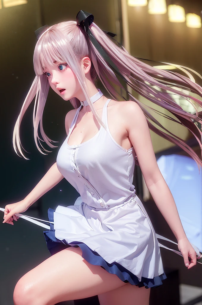 One girl,masterpiece,Highest quality,Blonde,No sleeve、stockings,Checked skirt),Short skirt JK,,Are standing,In total length,Medium chest,Very detailed,[[Realistic]],Beautiful and attractive anime ,Enchanting anime girl,Swinging skirt,blue eyes, hair ornaments, Hair Ribbon,Show your forehead、Twin tails、Random color school girl uniform、Lace choker, short hair,,No bra,,Very detailed肌, Realistic texture、Very detailed顔, (Beautiful Fine Eyes, ,The girl has a toned figure., Intricate details,Closely、Embarrassed expression、blush、Shining Sweat、Perfect Skin,Sweat is noticeable in the cleavage、Sweating on thighs is noticeable、 Fair skin,Tight waist, Sweating profusely、Sweaty hair、Sweaty clothes、Sweaty、Visible sweat、Sweat-soaked hair、Athlete System、Cherry blossoms fluttering down、Silver Hair、Night cityscape。Reflection of light、moonlight