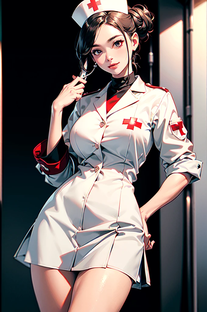 (Highest quality, 8k, 32K, masterpiece, uhd:1.2), (Realistic), (photoRealistic:1.2), (High resolution), Huge file sizes, Super detailed,Ecchi Nurse,White miniskirt and lab coat,Red Cross,Holding a stethoscope,Updo Hair,Standing posture,Bright hospital room,smile