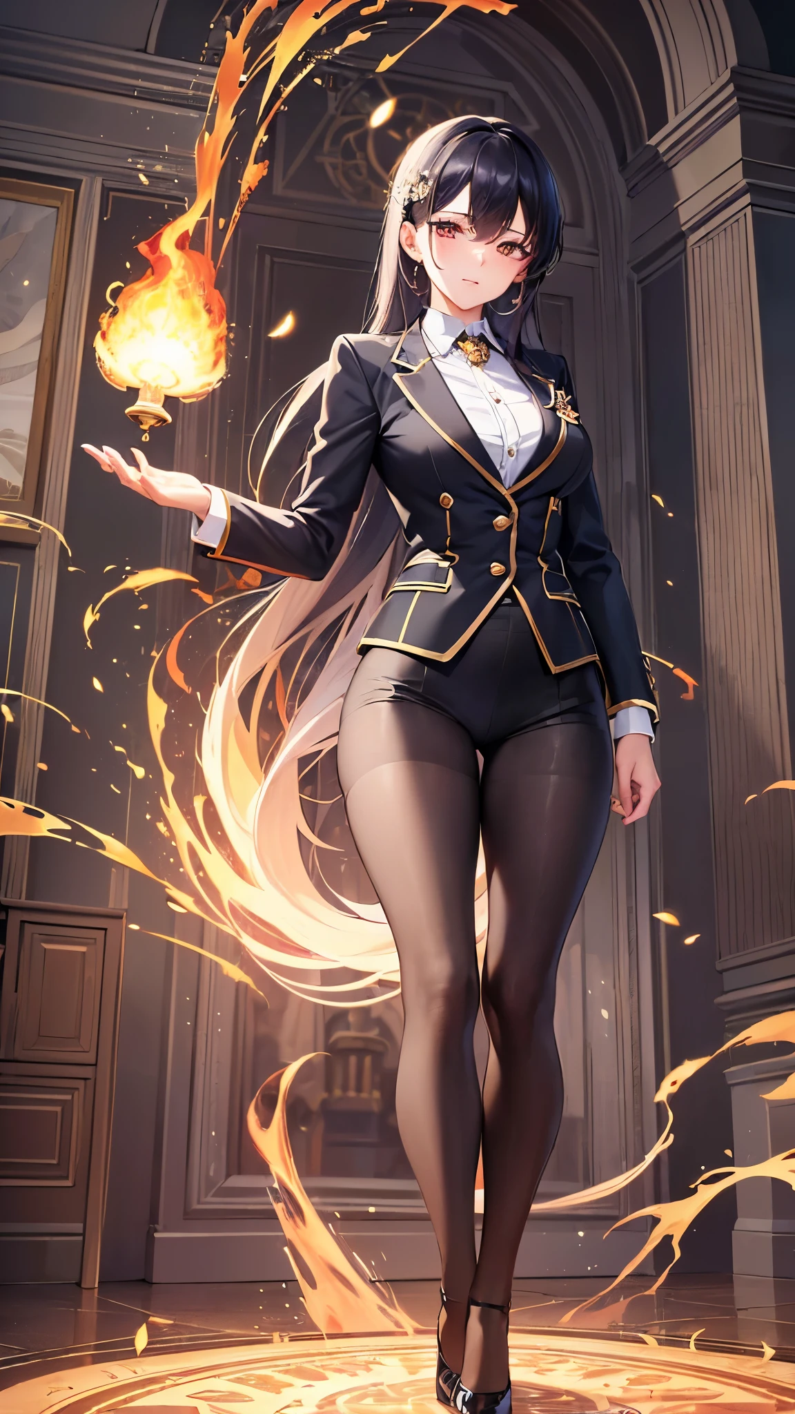 ((Highest quality)),(Ultra-high resolution),(Super detailed),(Detailed Description),((The best CG)),(masterpiece),Highly detailed art,(Art with precise detail:1.5), (A woman wearing a neatly tailored suit:1.6),(Handsome face:1.3),Confident expression:1.3,(Enamel pumps:1.4), (Stand on the magic circle of fire:1.5),(Rising flames:1.6)