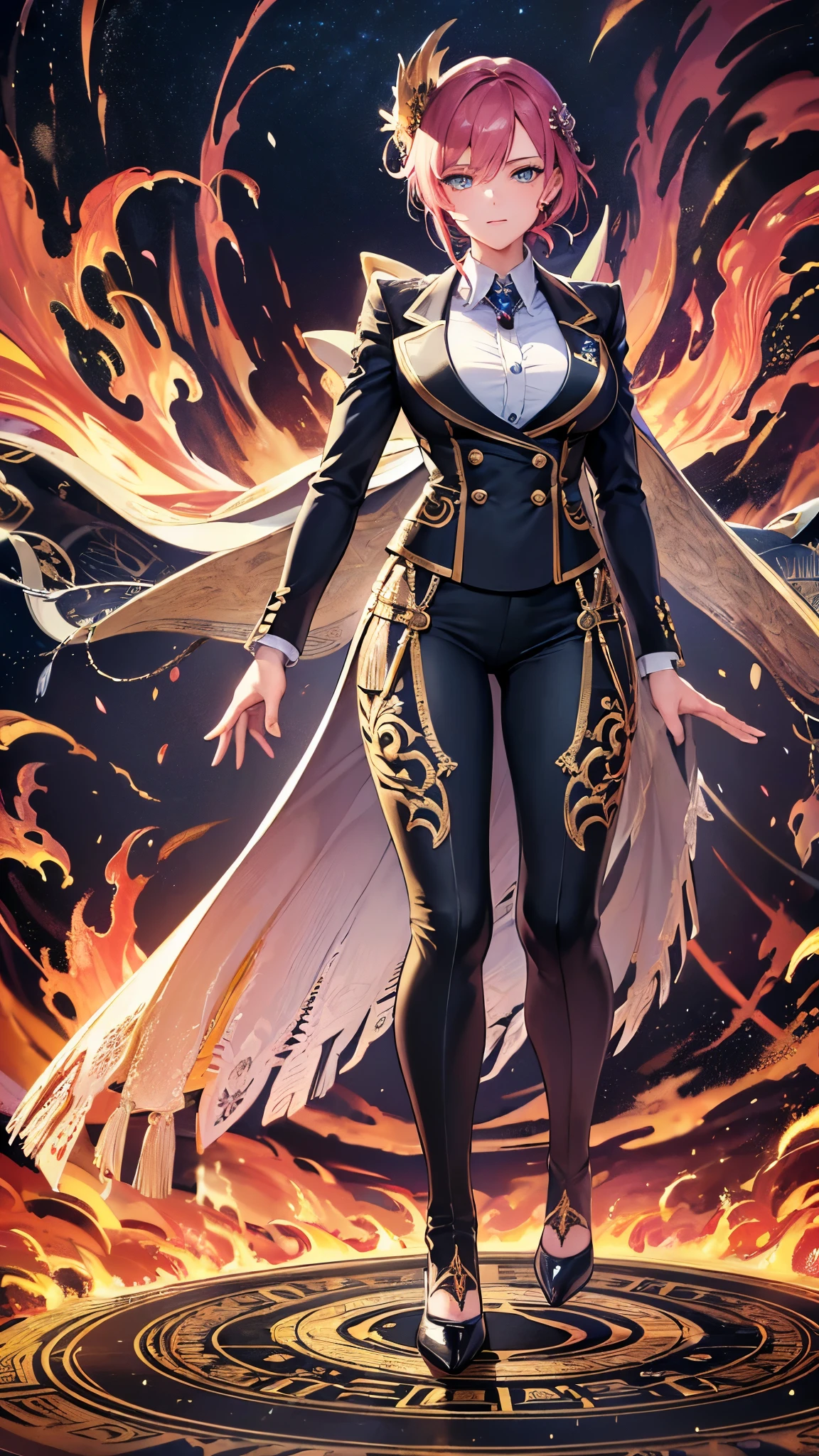 ((Highest quality)),(Ultra-high resolution),(Super detailed),(Detailed Description),((The best CG)),(masterpiece),Highly detailed art,(Art with precise detail:1.5), (A woman wearing a neatly tailored suit:1.6),(Handsome face:1.3),Confident expression:1.3,(Enamel pumps:1.4), (Stand on the magic circle of fire:1.5),(Rising flames:1.6)