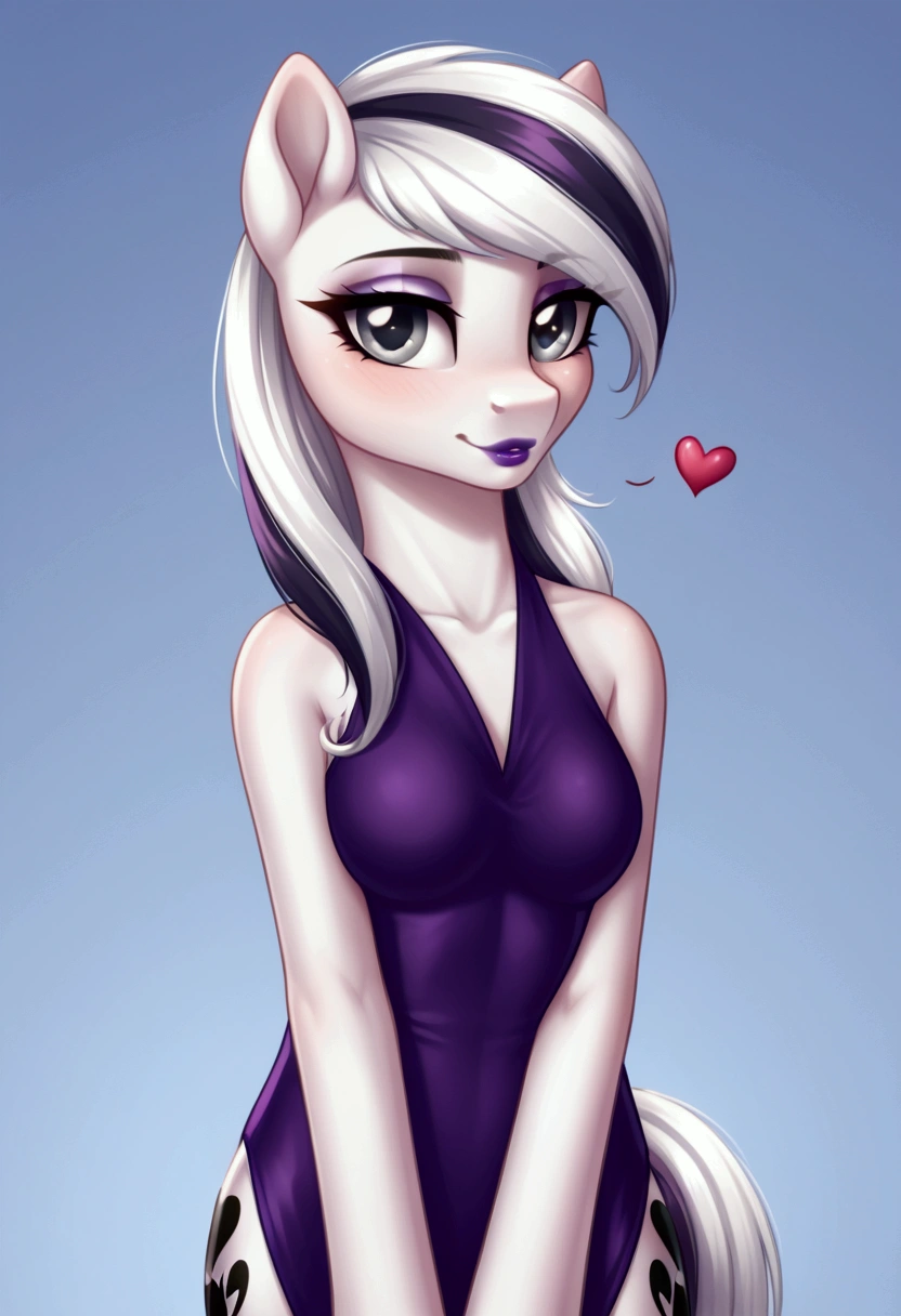 My little pony, (Pony), ((erotic role play costume which school costume)), (black stripe on the half-hair), white hair, (pale white body), gray eyes, medium breasts, purple lips, perfect lines, heart cutie mark