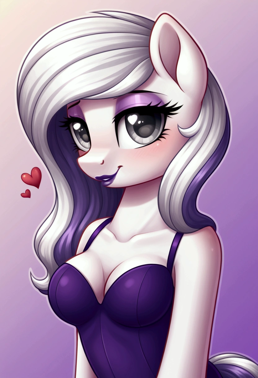 My little pony, (Pony), ((erotic role play costume which school costume)), (black stripe on the half-hair), white hair, (pale white body), gray eyes, medium breasts, purple lips, perfect lines, heart cutie mark