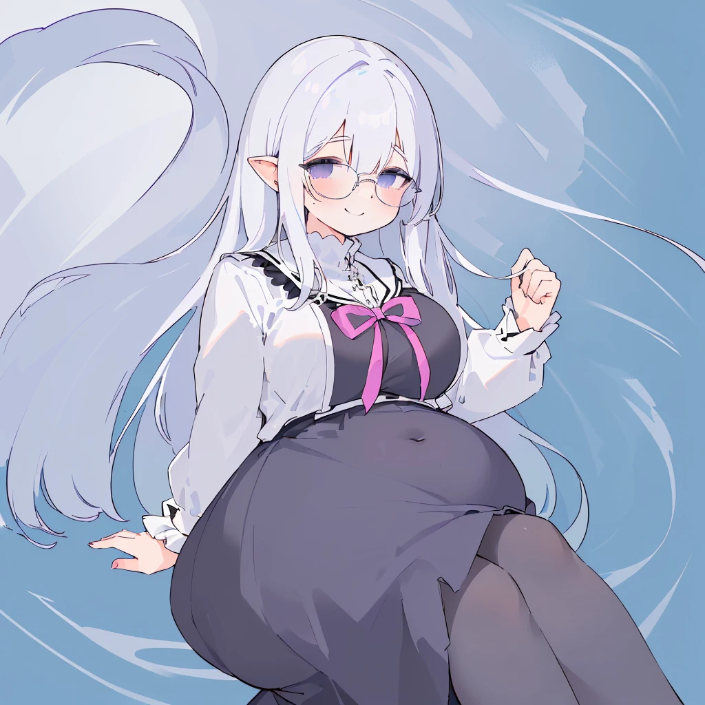 (big bust:1.5), (Black eyes with a slight purple tint:1.5), (a devastated expression, dead eyes, dark atmosphere:1.5), (Very white and long hair with a bluish tint, weak perm:1.5), (short white skirt, blue-tinged suit:1.5), (bare foot, round-rimmed glasses:1.5), (Belly Fat, muffin top, plump:1.1), (smiling faintly:1.5),(human ear,thin legs:1.5), (Belly Fat:1.5),Animation - Drawing women's style, , in a dress, Kantai Collection Style, Animation Moe Artstyle, , A yandere in armor, Created by Animation Painter Studio, Short full-length portrait!, Posing in Pudika pose, Young Anime Girl,
