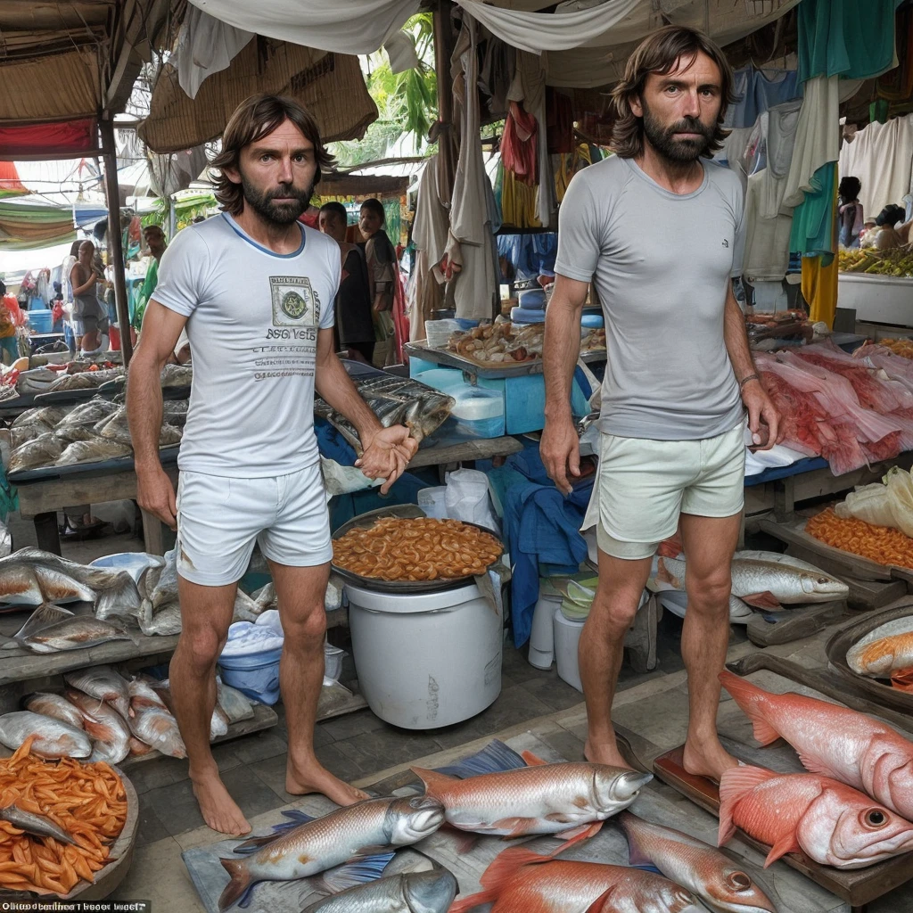 Andrea Pirlo is selling fish at an Indonesian market, wearing a shabby t-shirt, shorts, sandals and a towel on his shoulders.
the atmosphere of a busy Indonesian traditional market