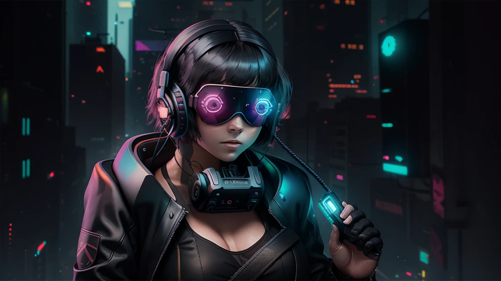 Cyberpunk city, Blade Runner vibes. 8k octane render, in style of Beeple, Dan Mumford. (((((1girl, solo, alone))))), large-breast:1.2 slim body, cleavage:1.1, sexy miniskirt, ((((headphone, black sunglasses, standing and holding pistol pose)))), (((((half-body thigh level medium shot))))), cinematic lighting, lens flare, ray tracing.