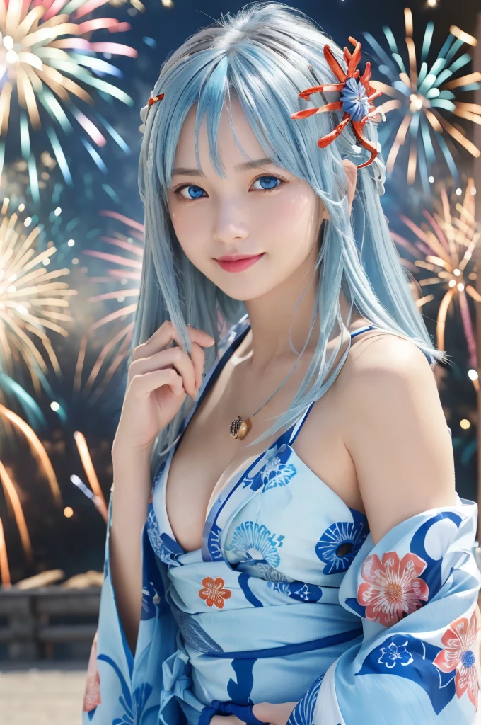 Tabletop、Realistic、Highest quality、Highest quality、masterpiece、Ultra-high resolution、RAW Photos、Realistic、Bright lighting、Face Light、Smooth Professional Lighting、Highest quality、masterpiece、Ultra-high resolution、(Photorealistic:1.4)、RAW Photos、Detailed CG image quality, (Fireworks display:1.4)、Beautiful poop、One Girl、Japanese、Age 25、(blue eyes:1.2)、Pink lipstick、Laughter、(Light blue hair:1.4)、Sunburned skin、(hair ornaments:1.4), (Short length yukata:1.4)、Cleavage、Detailed portrait、8K quality、Concept Art、A dramatic, cinematic atmosphere、Sharp focus、Blurred foreground、Blurred Background:1.3、(Angle from directly below:1.4)、soft smile, (A young woman in a yukata walking along a road with many food stalls)