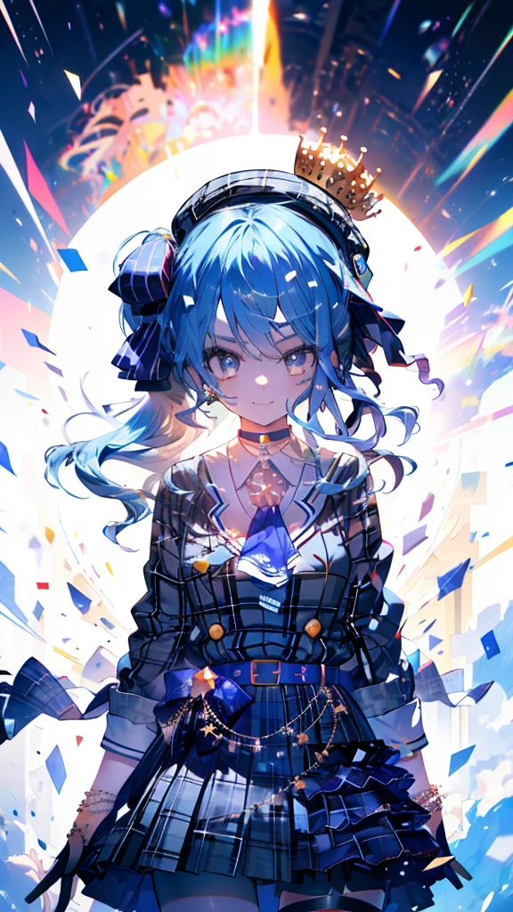 (Ultra-high resolution,masterpiece, Attention to detail, Highest quality), 8k,(sui1, 1girl, 独奏, side ponytail, Hoshimachi Suisei, fingerless gloves, single thighhigh, jewelry, thigh strap, bracelet, buttons, plaid dress, blue choker, blue belt, plaid skirt, mini crown, grey skirt, blue ascot, long sleeves, plaid jacket),(Blessed,Captivating body、Ultra-detailed skin、Super beautiful eyes、Detailed Background),One girl、 (cheerful ,enjoy :1.5),
