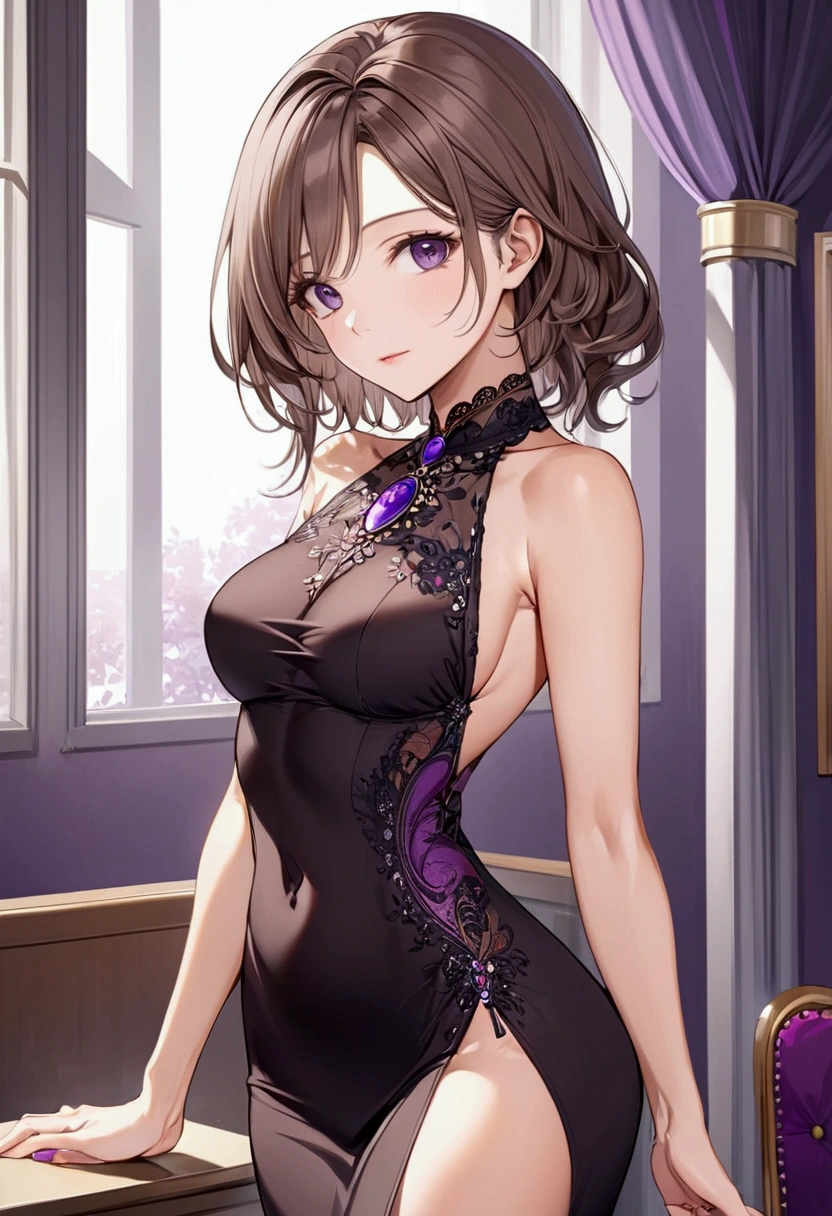 ash brown hair, purple eyes,elegant body,milf