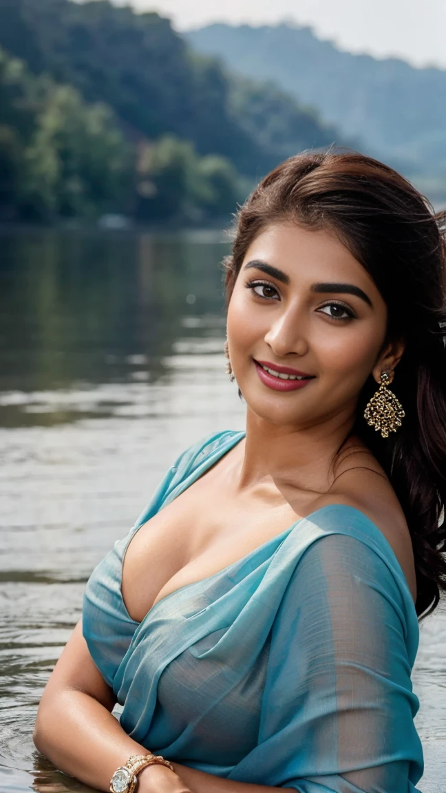 close up photo of 30 years old pooja hegde, doing hand to big penis lying on river, swooping breasts, deep cleavage, look at camera, blue saree, French braid hair, 4K, HD