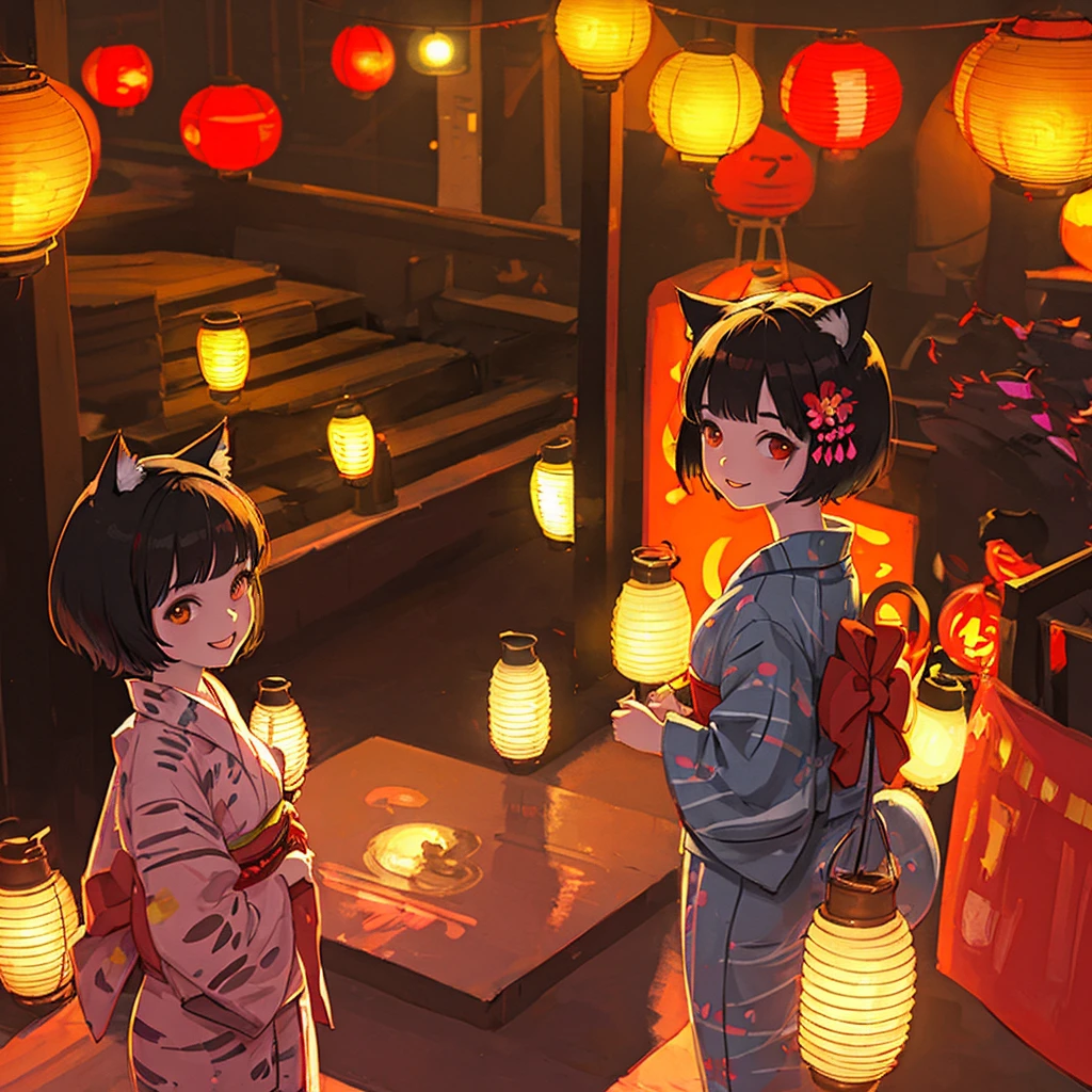 Summer Festival Night, Yukata, short hair, Cat ear girl, Lantern Light, smile, looks fun, delicate design, Bright colors, detailed character design, Traditional atmosphere, Soft light and shadow, Cat's Tail, Red yukata, Fireworks in the night sky, Face illuminated by light, Hair swaying in the wind, Girl in the crowd, Characters stand out, The background is blurred, The focus is on the characters, Sharp details, Warm light at night
