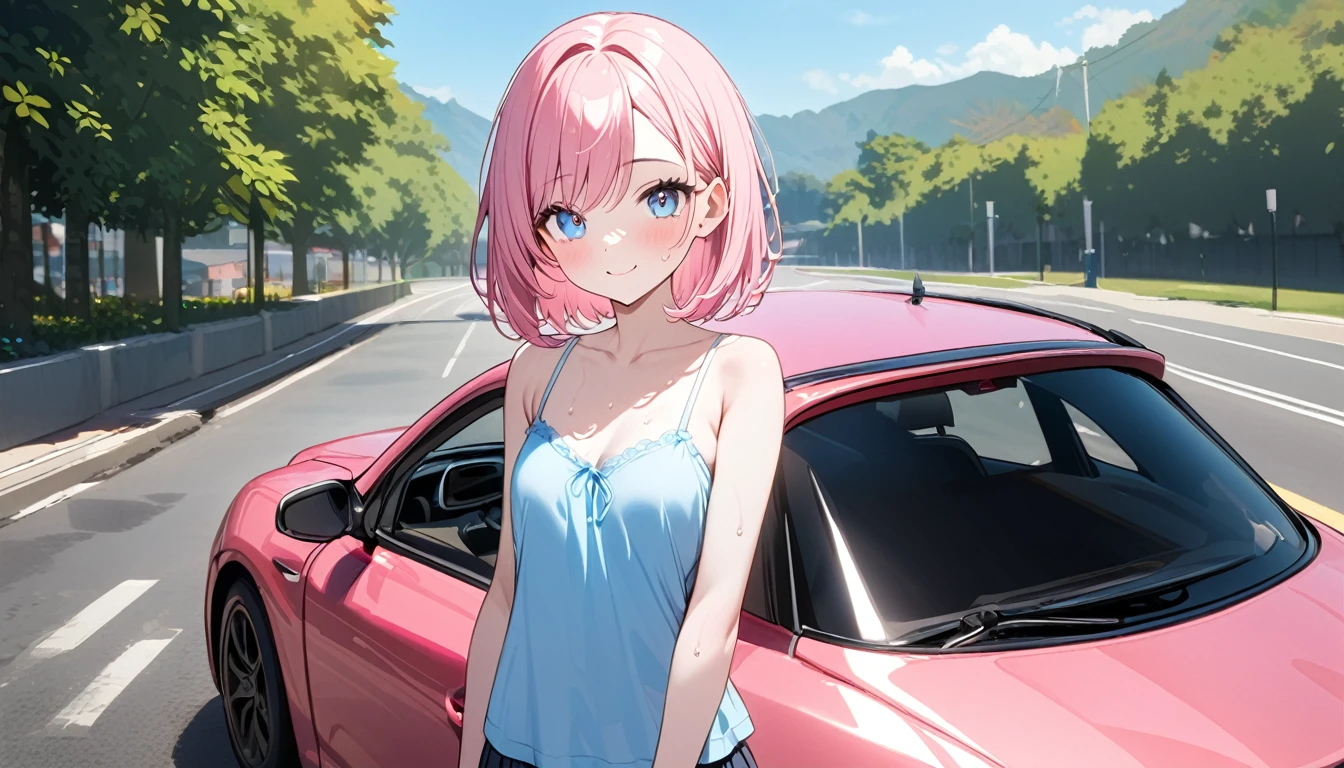 (1 girl),(Best Picture Quality, 8K, Masterpiece:1.3), (high school student:1.5), ((pink lob hair:1.1)), (bob cut),(swept bangs), (cute eyes, pupil black, iris skyblue, youthful face), (mole under right eye), (standard weight), (small breasts), (glistening skin:1.1),(pale skin:1.2),((camisole, hot pants)),(Smile),(sweat),((Ride a pink car)),((magnificent view:1.3)),
