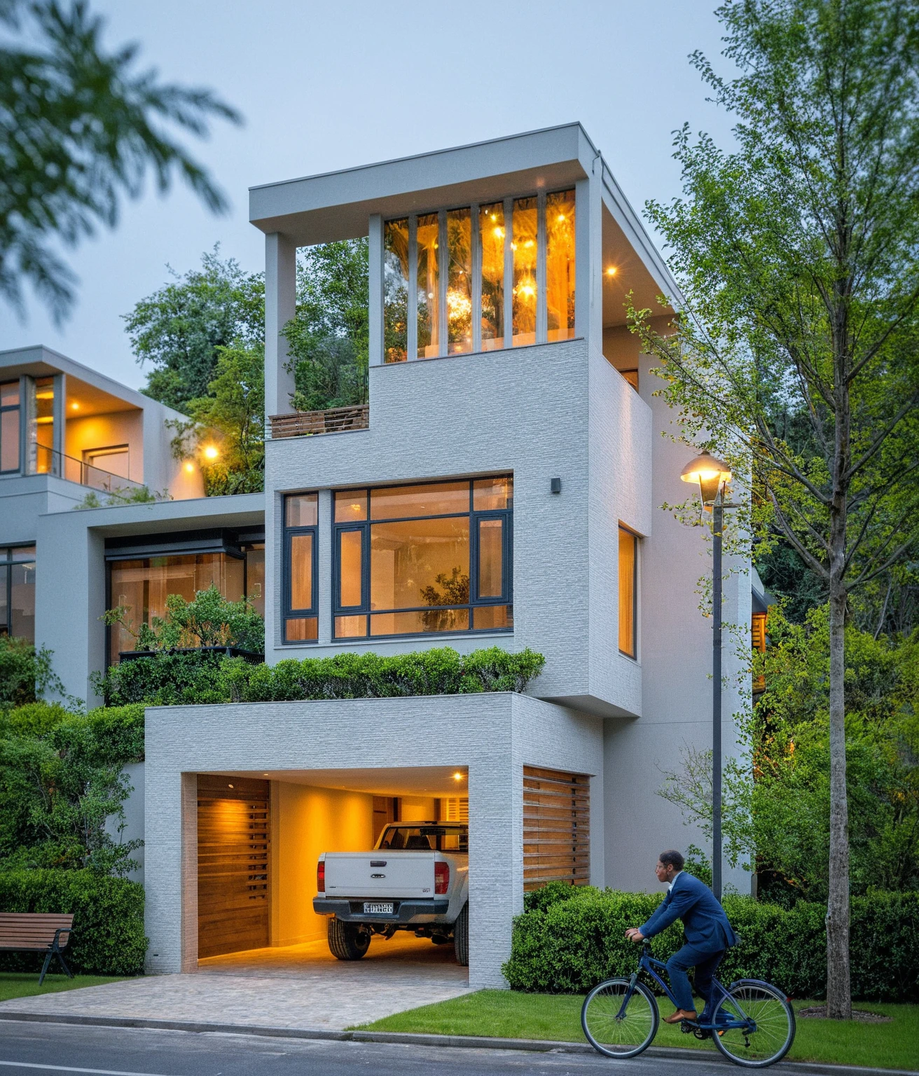 head of'artwork, high quality, best quality, Authentique, Great detail, En plein air, villa de plain-piedXL, groupe aiai, style de maison moderne dans la rue ,stairs, white wall ,road,pavement, grass, trees, sky, nuvens, (day light:1.1)