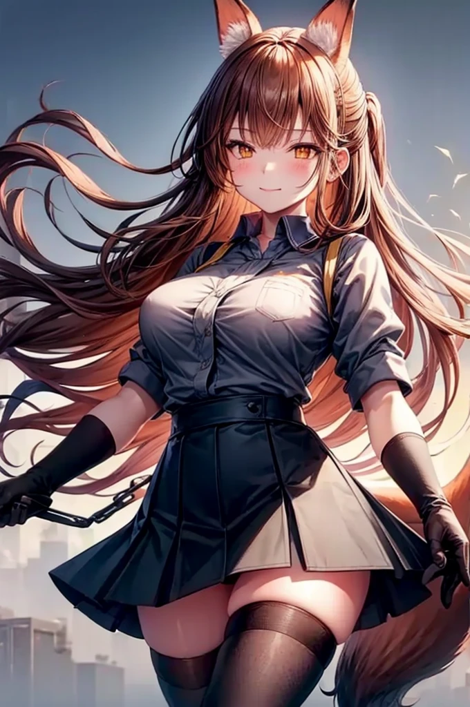 best quality, solo,Franka, 1girl, solo, long hair, large breasts, looking at viewer, flitty, blush, smile, bangs, skirt, large breasts, simple background, brown hair, shirt, thighhighs, gloves, white background, animal ears, hair between eyes, brown eyes, very long hair, closed mouth, tail, short sleeves, black gloves, elbow gloves, collared shirt, black skirt, animal ear fluff, fox ears, fox tail, fox girl, single thighhigh, grey shirt, asymmetrical legwear,