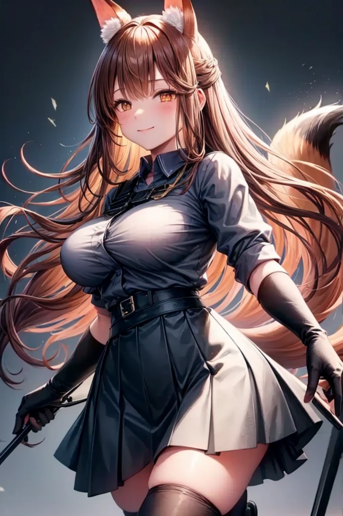 best quality, solo,Franka, 1girl, solo, long hair, large breasts, looking at viewer, flitty, blush, smile, bangs, skirt, large breasts, simple background, brown hair, shirt, thighhighs, gloves, white background, animal ears, hair between eyes, brown eyes, very long hair, closed mouth, tail, short sleeves, black gloves, elbow gloves, collared shirt, black skirt, animal ear fluff, fox ears, fox tail, fox girl, single thighhigh, grey shirt, asymmetrical legwear,