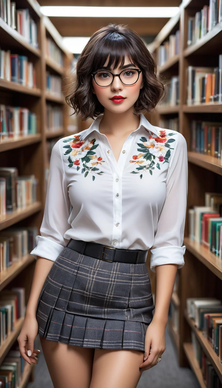 (((beautiful beautiful Isabela Merced, posing for shipmentss, looking sexy, ruffled lips, Short curly hair in different colors, extremely pretty eyes))), ((wearing floral silver necklace)), realistic shipmentsgraph, highy detailed, Foco do pointed, (Main lighting), (indoor bookstore environment), work of art, extremely pretty, Perfect beauty, (perfect shape body, Broad Hips, small waist, thick-thighs, firm abs, Body cute, knees, knees, focus on the knees, breasts small), short hair of different colors with bangs, short hair with bangs of different colors cobrindo a testa, short hair with bangs of different colors ((((short hair of different colors with bangs cobrindo a testa)))), ((30 years old)), (extremely detaild 8k wallpaper), ((face detailed)), (((wearing open white shirt, microsaia curta de tweed, knees, knees, Very Short Skirt)), (long dark eyelashes), (looking at the camera), (((neckleace))), (glamor model), (seductive facial expression) (((standing between high shelves full of books))), extremely detaild, work of art, details Intricate, highy detailed, Foco do pointed, skin detailed, realistic skin texture, texture, detailedeyes, high resolution, Cores Kodak Vision, shipments_\(ultra\), Post-processing, Maximum details, roughness, real-life, ultra realistic, shipmentsrealism, shipmentsgraphy, absurderes, RAW shipments, highest quallity, high detail RAW color shipments, professional shipments, extremely detaild UHD 8k wallpaper unit, best qualityer, high resolution, (work of art, maximum quality, high resolution:1.4), shipments, cinematic, film grain, pointed, soft natural light, magic shipmentsgraphy, super verbose, ((all-body: legs 1.7)), librarian glasses, nerd glasses, ((pleated miniskirt: miniskirt 1.6)), unbuttoned blouse with neckleace, へそ, へそ, neckleace, (Head to knee, all-body: knees 1.3), horny, lascivious, provocative