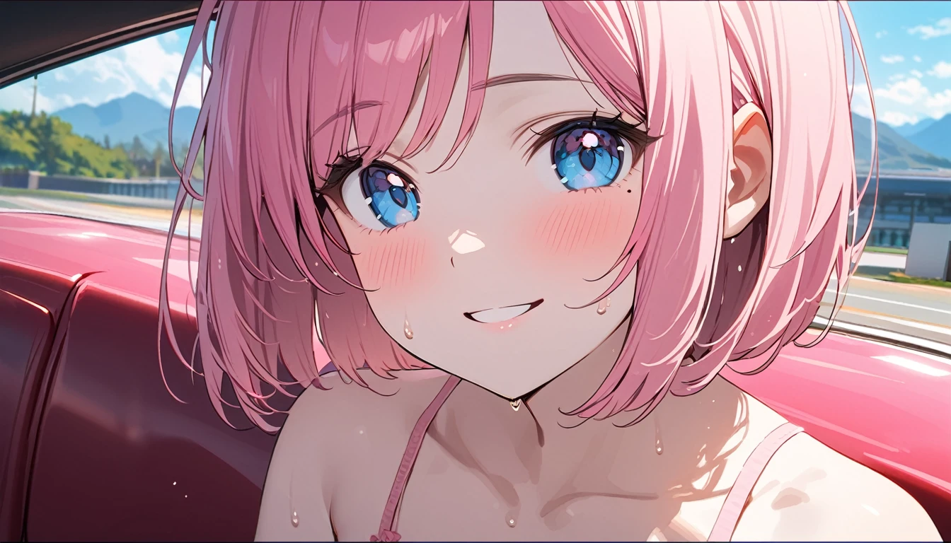 (1 girl),(Best Picture Quality, 8K, Masterpiece:1.3), (high school student:1.5), ((pink lob hair:1.1)), (bob cut),(swept bangs), (cute eyes, pupil black, iris skyblue, youthful face), (mole under right eye), (standard weight), (small breasts), (glistening skin:1.1),(pale skin:1.2),((camisole, hot pants)),(Smile),(sweat),((Ride a pink car)),((magnificent view:1.3)),