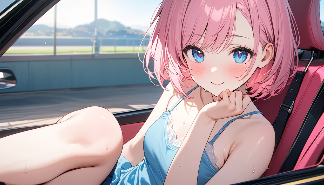 (1 girl),(Best Picture Quality, 8K, Masterpiece:1.3), (high school student:1.5), ((pink lob hair:1.1)), (bob cut),(swept bangs), (cute eyes, pupil black, iris skyblue, youthful face), (mole under right eye), (standard weight), (small breasts), (glistening skin:1.1),(pale skin:1.2),((camisole, hot pants)),(Smile),(sweat),((Ride a pink car)),((magnificent view:1.3)),