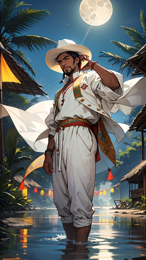 Create an image of a man standing near a river with a full moon in the background. The man has brown skin and is dressed in a white suit and a white hat. In the background, the Amazon River and a village celebrating with festive tents, people dancing, and colorful decorations can be seen.