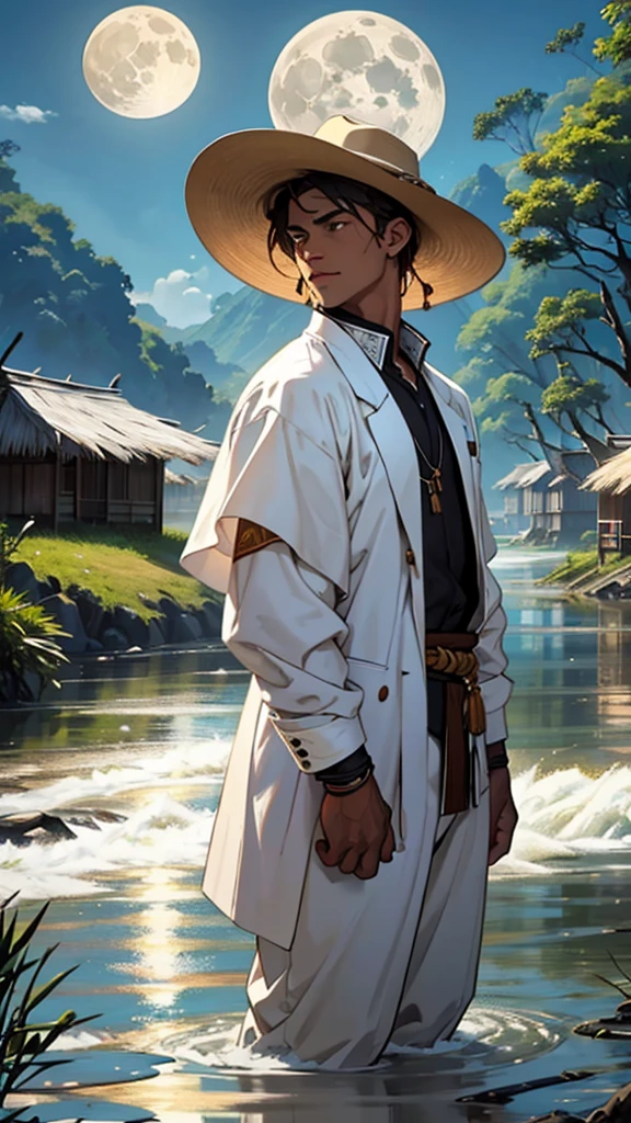 Create an image of a man standing near a river with a full moon in the background. The man has brown skin and is dressed in a white suit and a white hat. In the background, the Amazon River and a village celebrating with festive tents, people dancing, and colorful decorations can be seen.