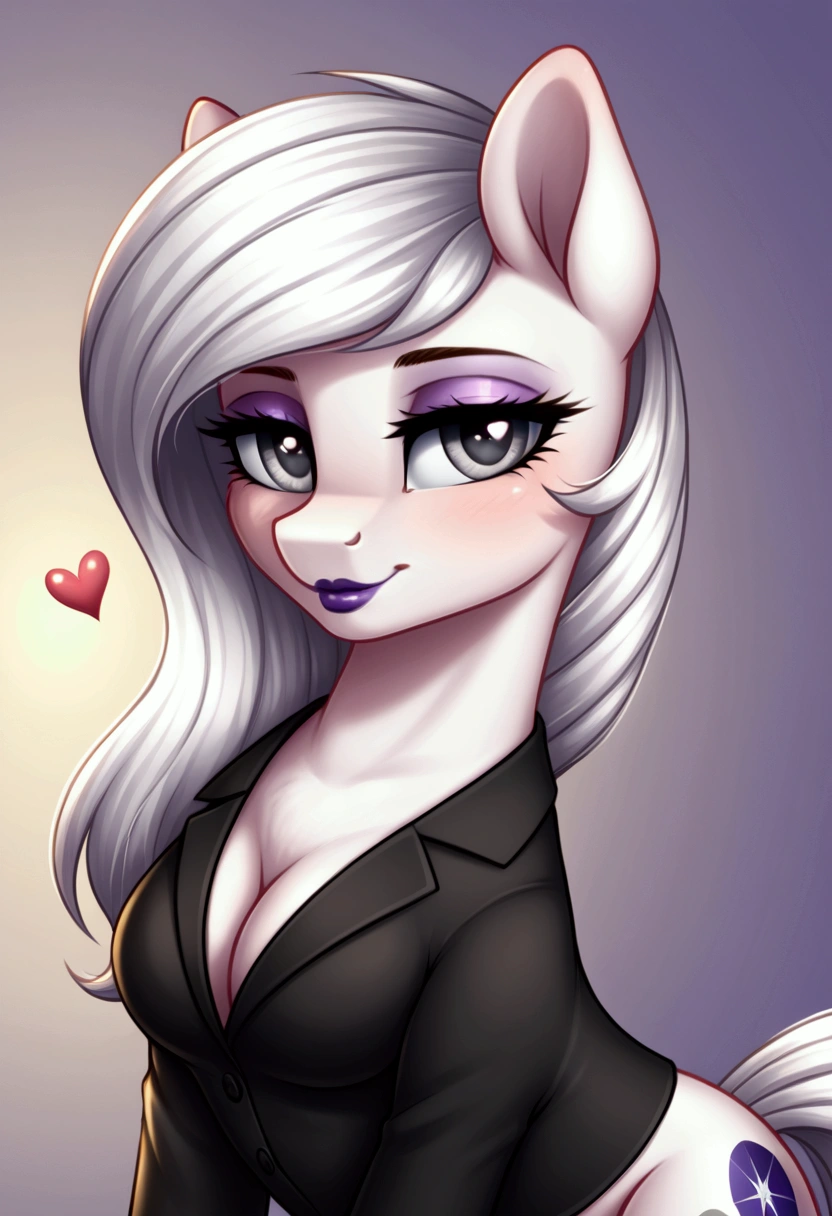 My little pony, (Pony), ((sexy role play outfits)), (black half-hair), white hair, (pale white body), gray eyes, medium breasts, purple lips, perfect lines, heart cutie mark