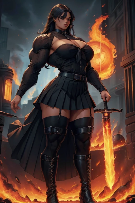 ((Massive tall, beautiful, buff, light brown skinned muscular woman with black hair, black lipstick, ginormous bulky muscles, carrying a fire sword and wearing a black long sleeve pleated shirt with beautiful long pleated skirt)), ((close view)), (massive muscles), long straight hair, orange eyes, choker, ((black long sleeve pleated shirt and tie)), neck tie, ((beautiful long pleated skirt)), belt, thigh high socks, black boots, (in a fire city), closed smile, night, massive muscles