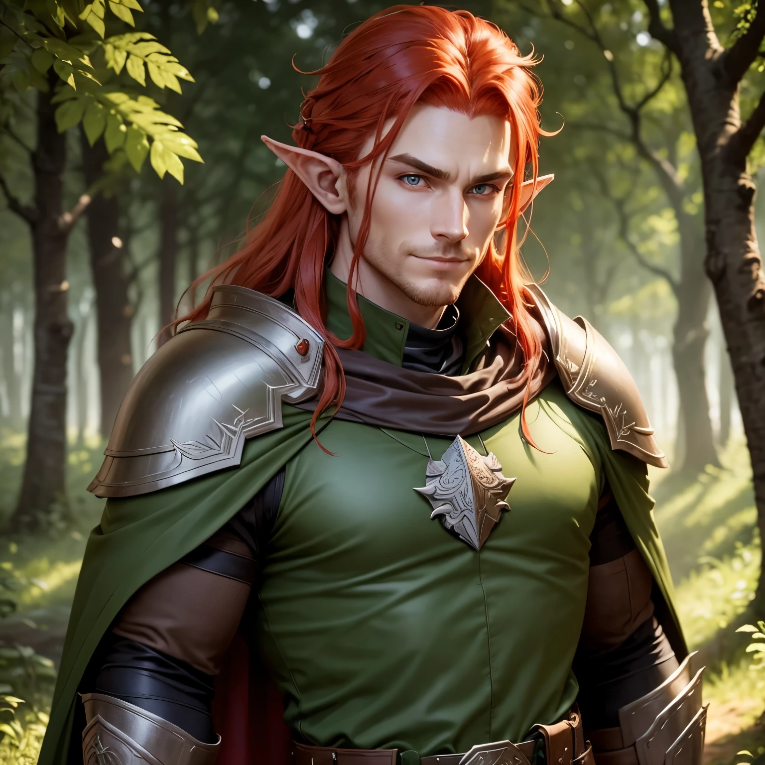 A male Elf Ranger. Born from the forest. Leather armor that blends in with the underbody and cape to become invisible. Long Light Red Hair with Chunky Design. Super detailed eyes .His gaze would be intense and serious. highly detailed image .shy smile .wide chin.ready for action at any time.background an enchanted forest.