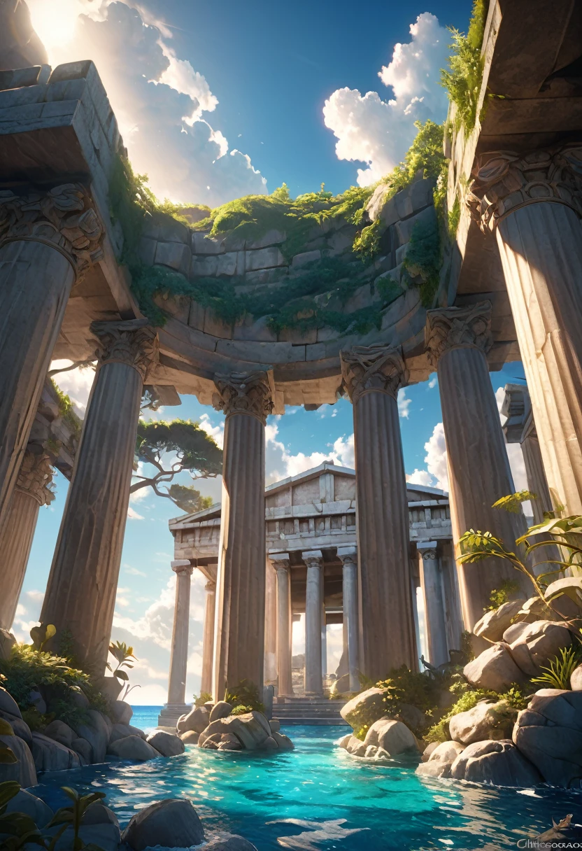 mystical islands:1.2, Panoramic view of the island seen from the sea , detailed fantasy landscape, ancient greek temple, aegean sea, greek mythology gods, aegean blue sea, soft sunlight, intricate architecture, ornate columns, stone structures, detailed foliage, lush greenery, dramatic sky, fluffy clouds, vibrant colors, photorealistic, 8k, best quality, cinematic lighting, chiaroscuro, epic scale, masterpiece