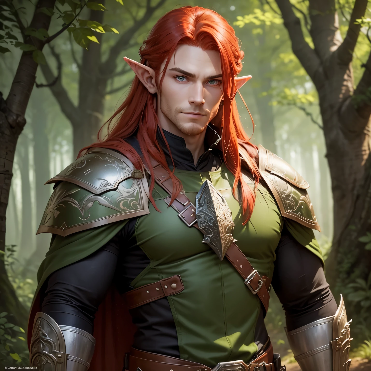 A male Elf Ranger. Born from the forest. Leather armor that blends in with the underbody and cape to become invisible. Long Light Red Hair with Chunky Design. Super detailed eyes .His gaze would be intense and serious. highly detailed image .shy smile .wide chin.ready for action at any time.background an enchanted forest.