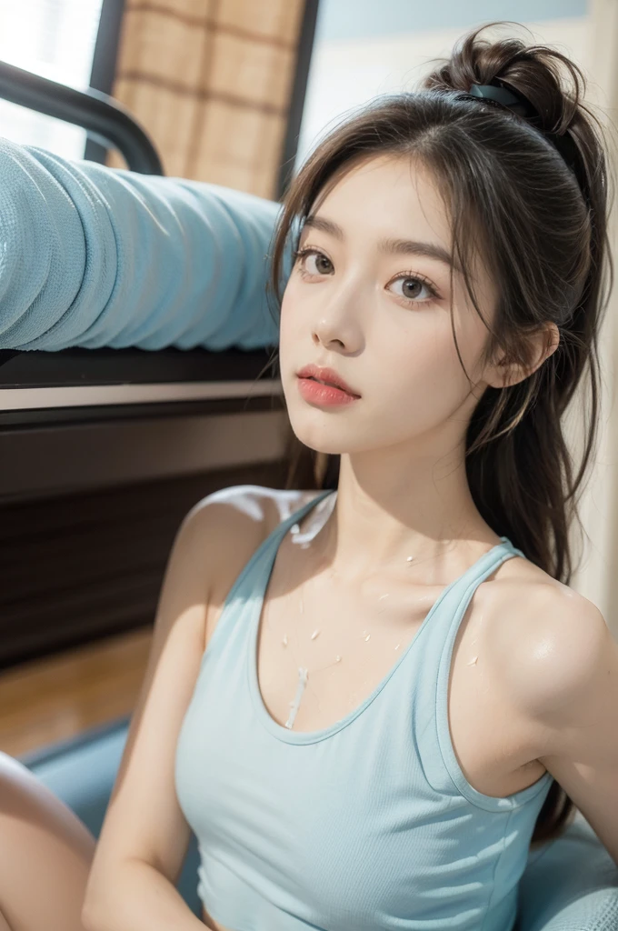 (((best quality))),(((ultra detailed))),(((masterpiece))),illustration,(1 beautiful girl,solo),((slim,thin)),((small breasts,flat chest)),(blush:1.5),summer afternoon,living room,sanctuary of tranquility,fitness,grace,(short ponytail:1.2),effortless elegance,((light blue yoga tank top,matching shorts)),youthful radiance,enchanting,inspiring,(sitting on treadmill:1.3),body drenched in perspiration,(sweat:1.5),dedication,inner strength,determination,composed,focused,eyes,lush potted plant,greenery,life,vitality,soft sunlight,warm patches of light,fragrant cookies,cozy ambiance,attire,functional,fashionable,comfort,flexibility,slender figure,curves,lightweight material,unrestricted movement,grip,treadmill's belt,propel,forward,serene expression,slight smile,lips,focused on horizon,visualizing goals,dreams,radiant beauty, comfortable clothing,determined spirit,captivating,inspiring image,essence of summertime fitness,self-care,((from front,upper body))