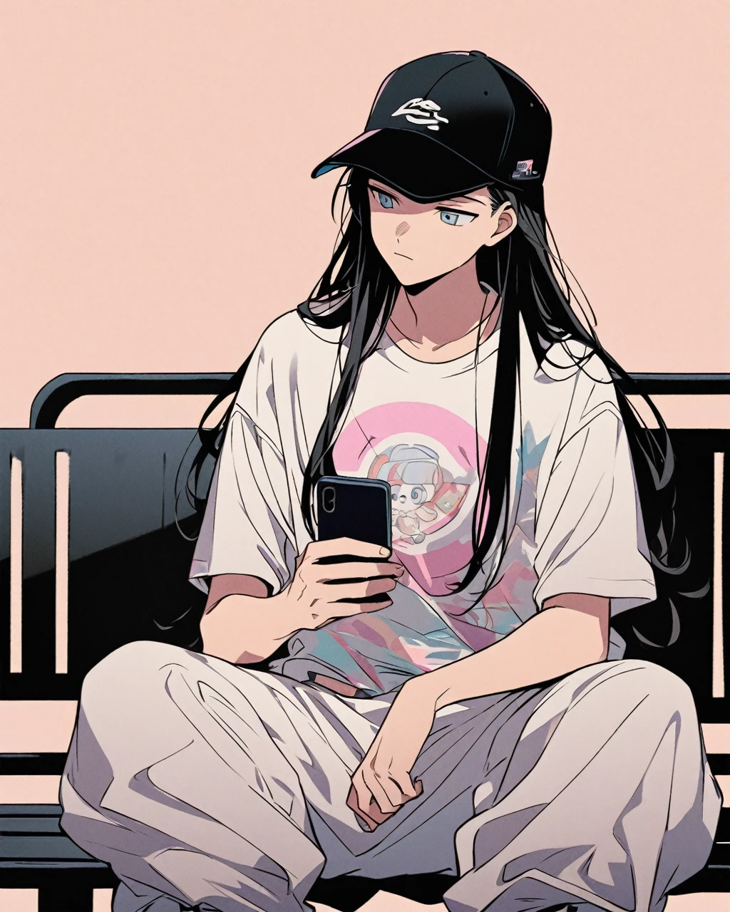 Create a detailed anime illustration of a boy with long hair in a casual streetwear outfit. He should be wearing a baseball cap, baggy pants, and a graphic t-shirt. He is seated on a bench, holding a mobile phone, with a serene expression. Use a two-tone pastel background to highlight the modern and minimalist setting.