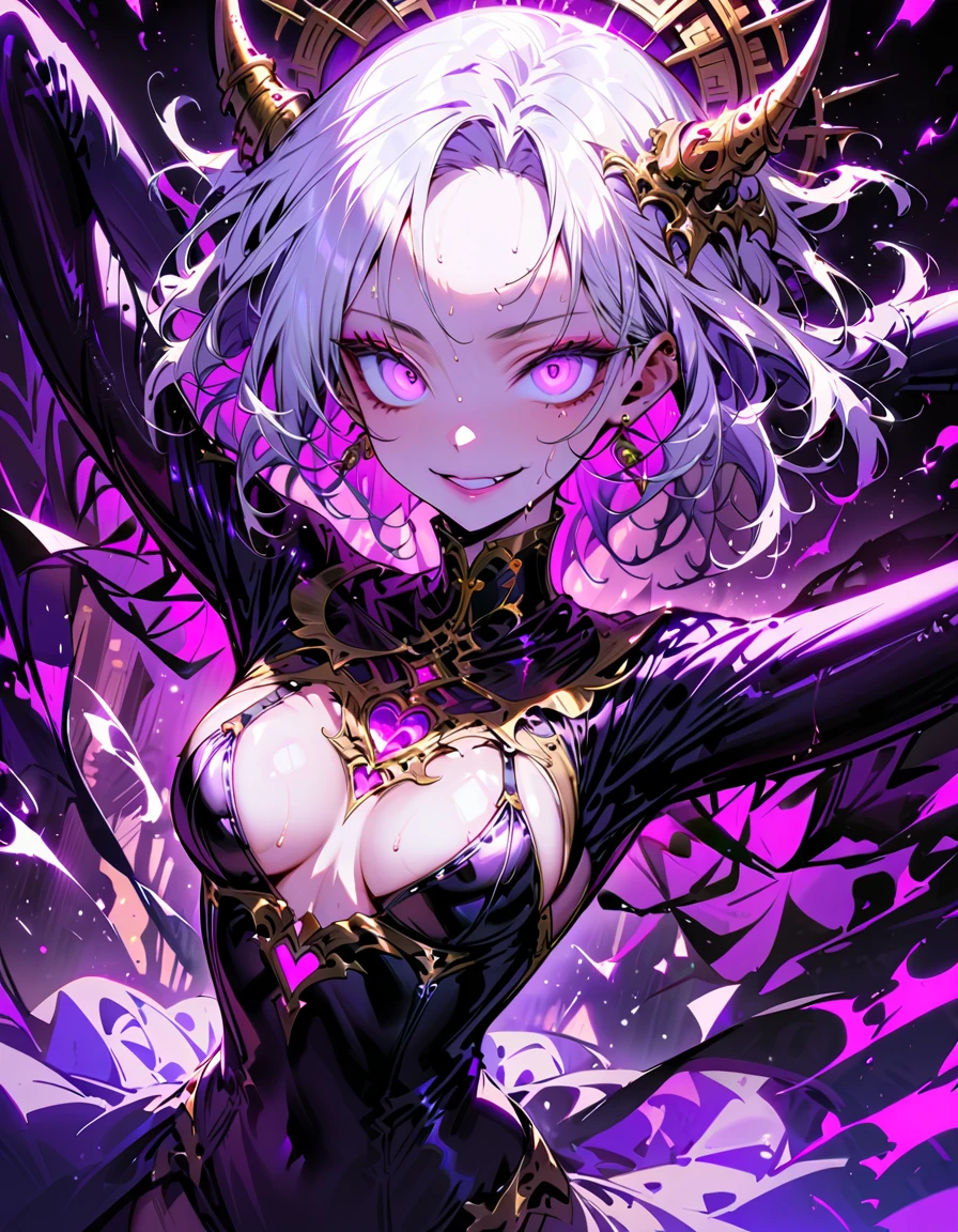 One young and beautiful woman,(Highest quality,Extremely detailed depiction,Incredibly absurd high resolution,Anatomically accurate depiction,Perfect body,Two curvaceous legs),(A fantastic evil goddess in a mysterious costume),(Gorgeous black outfit,latex),eyelash,eye shadow,eyeliner,mascara,Flashy makeup,(Intensely glowing purple eyes,(Crazy Eyes),Glossy Lips,Wicked Smile,There is cleavage in the chest,wing,whole body,Silver Hair),Sweat,background:Temple of the Night,Purple light
