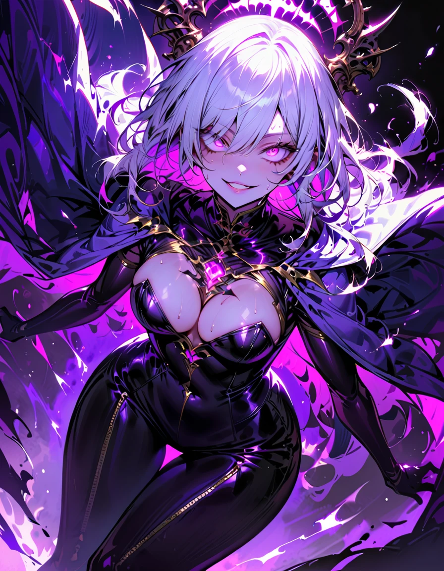 One young and beautiful woman,(Highest quality,Extremely detailed depiction,Incredibly absurd high resolution,Anatomically accurate depiction,Perfect body,Two curvaceous legs),(A fantastic evil goddess in a mysterious costume),(Gorgeous black outfit,latex),eyelash,eye shadow,eyeliner,mascara,Flashy makeup,(Intensely glowing purple eyes,(Crazy Eyes),Glossy Lips,Wicked Smile,There is cleavage in the chest,wing,whole body,Silver Hair),Sweat,background:Temple of the Night,Purple light