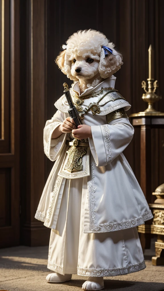 ((Highest quality)), ((masterpiece)), (detailed), White Toy Poodle,Future war warrior,Fantasy,mysterious,Fantasy,live-action