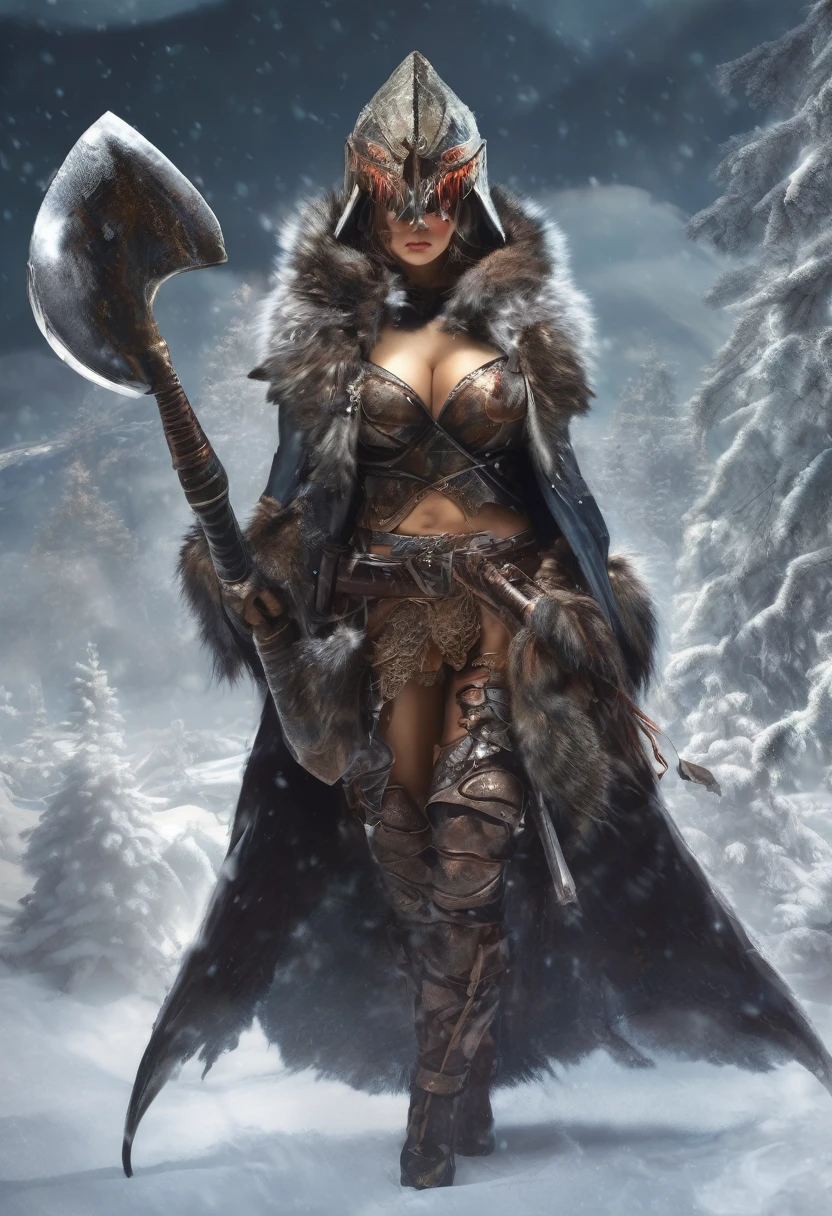 野蛮なドワーフのwoman, woman, amazing, down, Roleplaying, Winter, Heavy metal armor、Fur cloak, Big ax in hand, Feather Worker, Dinosaur bone helmet.