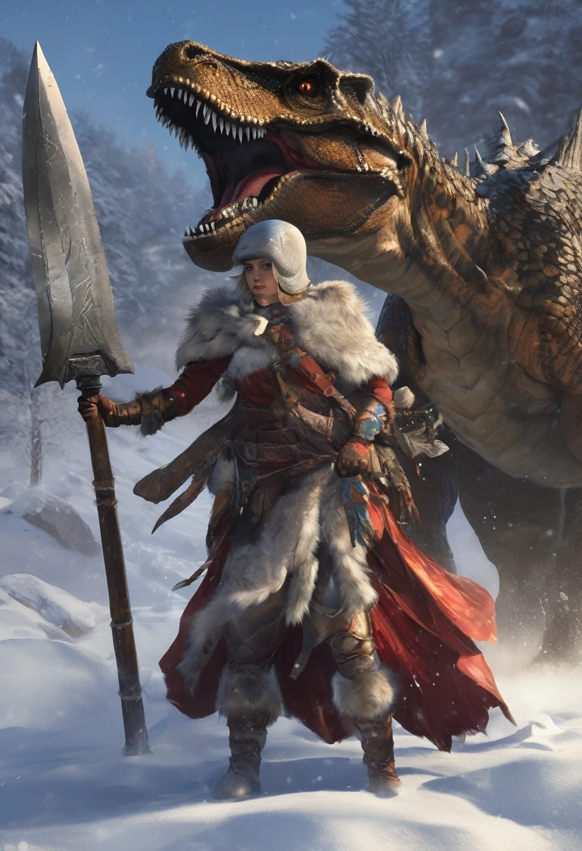 野蛮なドワーフのwoman, woman, amazing, down, Roleplaying, Winter, Heavy metal armor、Fur cloak, Big ax in hand, Feather Worker, Dinosaur bone helmet.