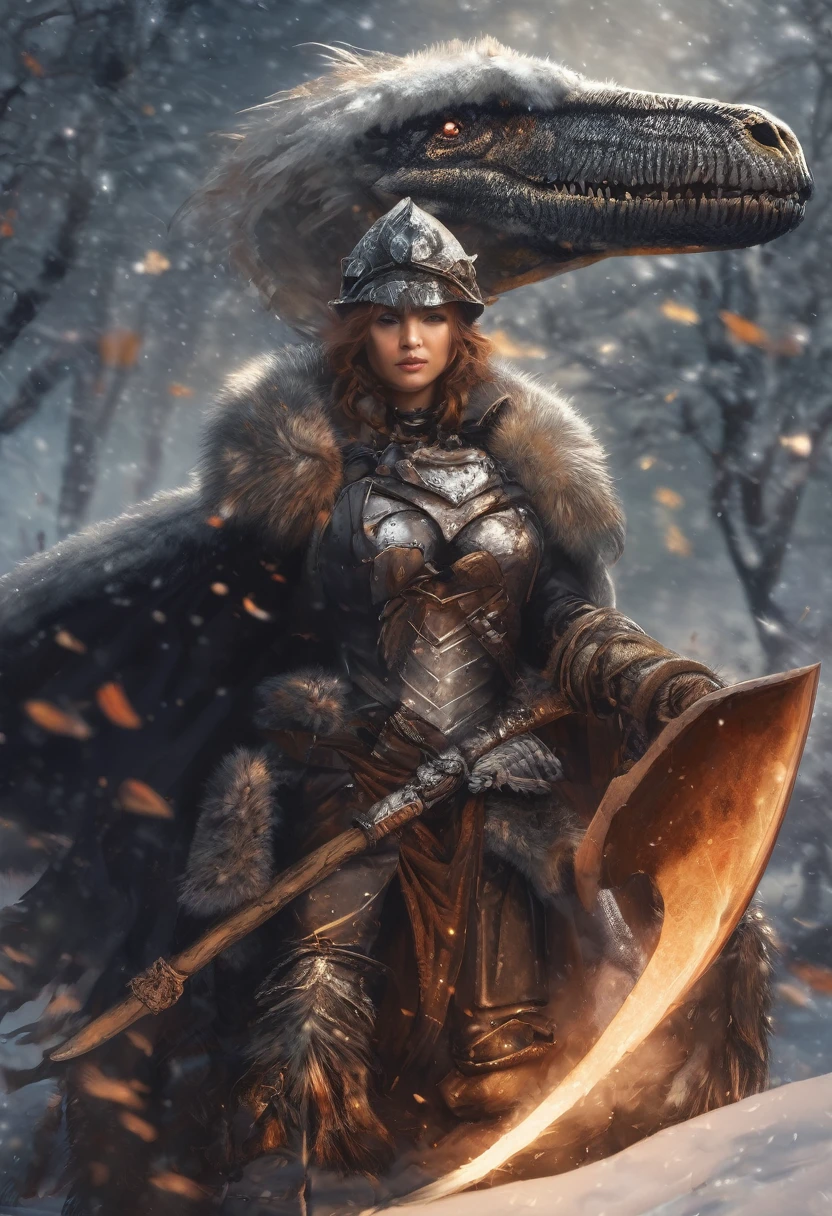 野蛮なドワーフのwoman, woman, amazing, down, Roleplaying, Winter, Heavy metal armor、Fur cloak, Big ax in hand, Feather Worker, Dinosaur bone helmet.