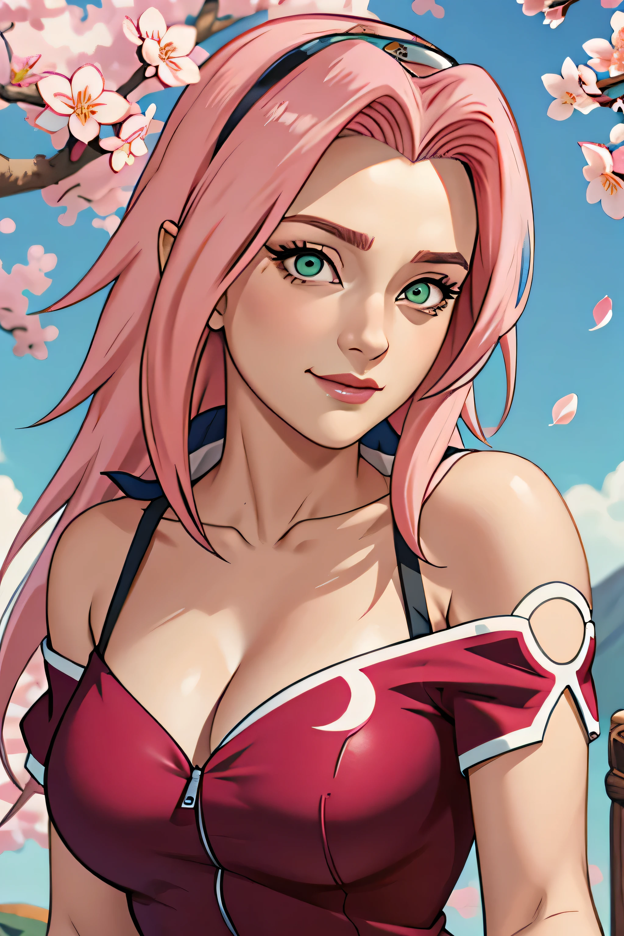 tmasterpiece, Best quality at best, 1girll, Sakura Haruno, Large breasts,Off-the-shoulder attire,(cleavage),(upperbody closeup),Raised sexy,is shy,ssmile,with pink hair, long whitr hair, (Green eyeballs:1.4), Forehead protection, the cherry trees,Cherry blossoms flying,Red clothes,Zipper half