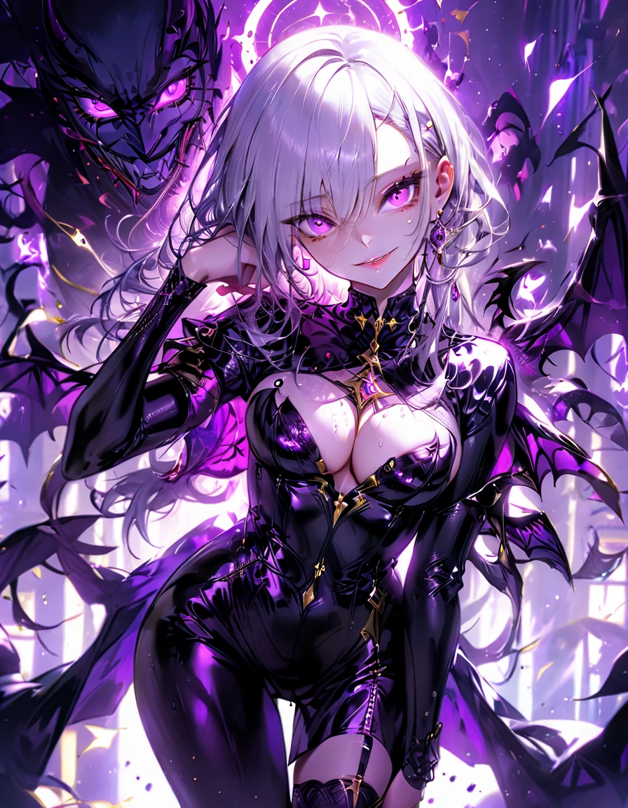 One young and beautiful woman,(Highest quality,Extremely detailed depiction,Incredibly absurd high resolution,Anatomically accurate depiction,Perfect body,Two curvaceous legs),(A fantastic evil goddess in a mysterious costume),(Gorgeous black outfit),eyelash,eye shadow,eyeliner,mascara,Flashy makeup,(Intensely glowing purple eyes,(Crazy Eyes),Glossy Lips,Wicked Smile,There is cleavage in the chest,wing,whole body),Sweat,background:Temple of the Night,Purple light