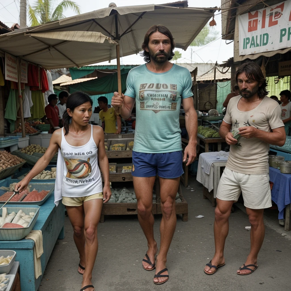 Andrea Pirlo is selling fish at an Indonesian market, wearing a shabby t-shirt, shorts, sandals and a towel on his shoulders.
the atmosphere of a busy Indonesian traditional market