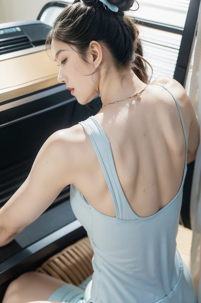 (((best quality))),(((ultra detailed))),(((masterpiece))),illustration,(1 beautiful girl,solo),((slim,thin)),((bare back,towering hips,butt crack)),(blush:1.5),summer afternoon,living room,sanctuary of tranquility,fitness,grace,(short ponytail:1.2),effortless elegance,((light blue yoga tank top,matching shorts)),youthful radiance,enchanting,inspiring,(sitting on treadmill:1.3),body drenched in perspiration,(sweat:1.5),dedication,inner strength,determination,composed,focused,eyes,lush potted plant,greenery,life,vitality,soft sunlight,warm patches of light,fragrant cookies,cozy ambiance,attire,functional,fashionable,comfort,flexibility,slender figure,curves,lightweight material,unrestricted movement,grip,treadmill's belt,propel,forward,serene expression,slight smile,lips,focused on horizon,visualizing goals,dreams,radiant beauty, comfortable clothing,determined spirit,captivating,inspiring image,essence of summertime fitness,self-care,((from back,upper body))