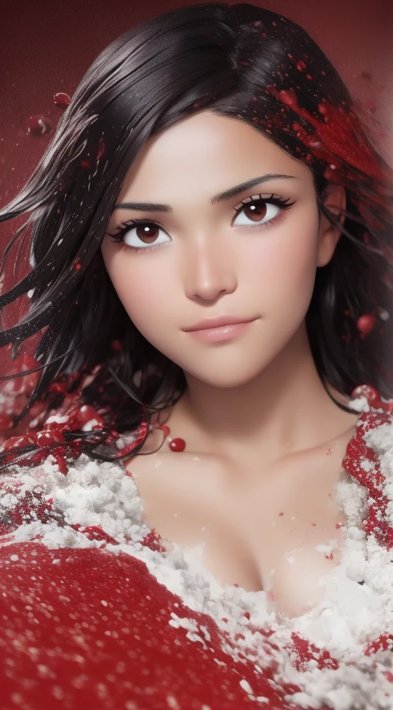 Peruvian:1> brown eyes, black hair, red and white powder splashes on background, high quality photography,