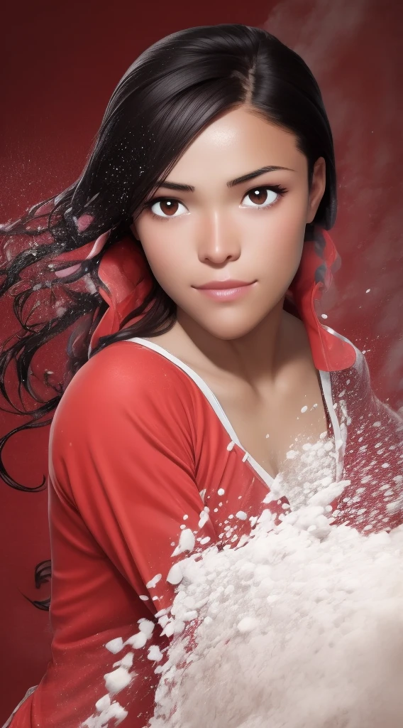 Peruvian:1> brown eyes, black hair, red and white powder splashes on background, high quality photography, 