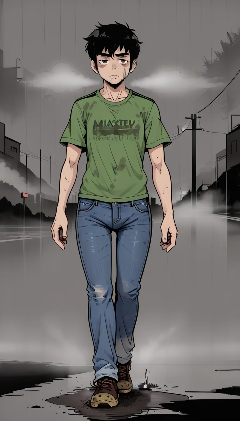 (zPDXL2),  score_9_up, source_anime, 2D, flat color,  BREAK
1man, solo, fullbody, (male, 40 years, stub), short messy black hair, brown eyes, (pale skin, drug addict, tired face), (walking, look to camera, centered pose), (deep dark fog, deep mist, mystery atmosphere:1.5), (dirt t-shirt, jeans, green jacket), heavy atmosphere, colored background, lineart, (monochrome clothes and character:0.9), BREAK
AissistXLv2, unaestheticXL_bp5, SimplePositiveXLv2, zPDXL2 PonyXLV6_Scores