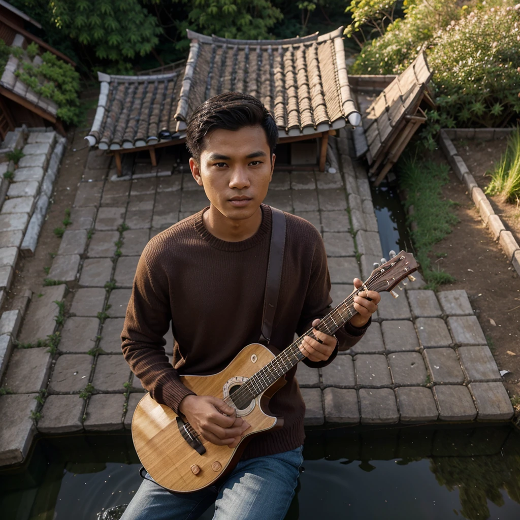a young Indonesian man, clean face, Dark brown sweater with Orshida written on it, was sitting playing the guitar in front of a sturdy wooden house with a tiled roof, path leading to the rocky house, there is an Anto Orshida nameplate decorated with lights, On the side there are rice fields adjacent to each other with a small river flowing, night atmosphere, bright sky, real photo