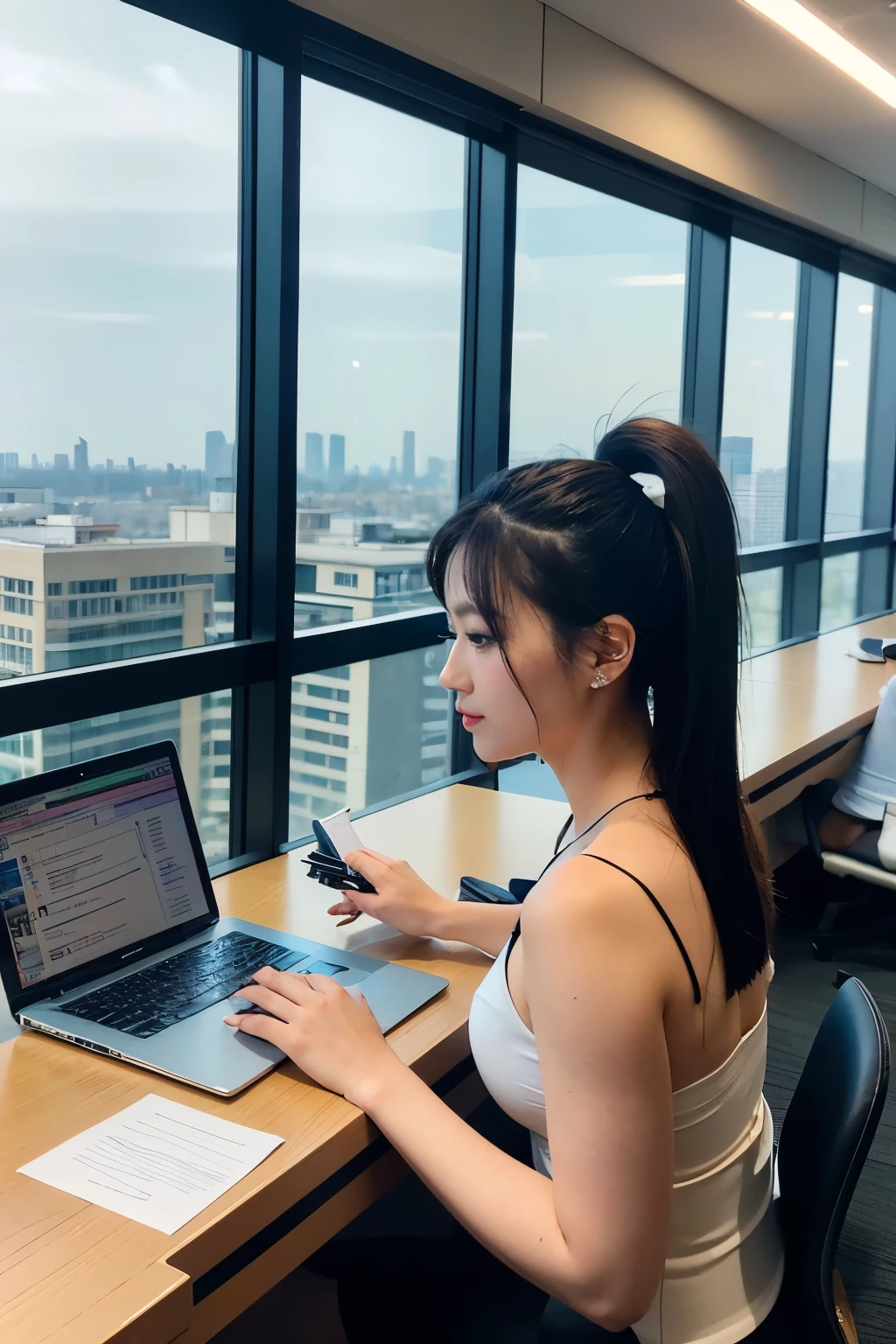 ((best quality)), ((masterpiece)), (detailed), very beautiful women wearing office suite(white and black) pony tail hair style sitting in the office, there is laptop and papper work on the table, many people, (360° camera view), (background 10th floor window office)