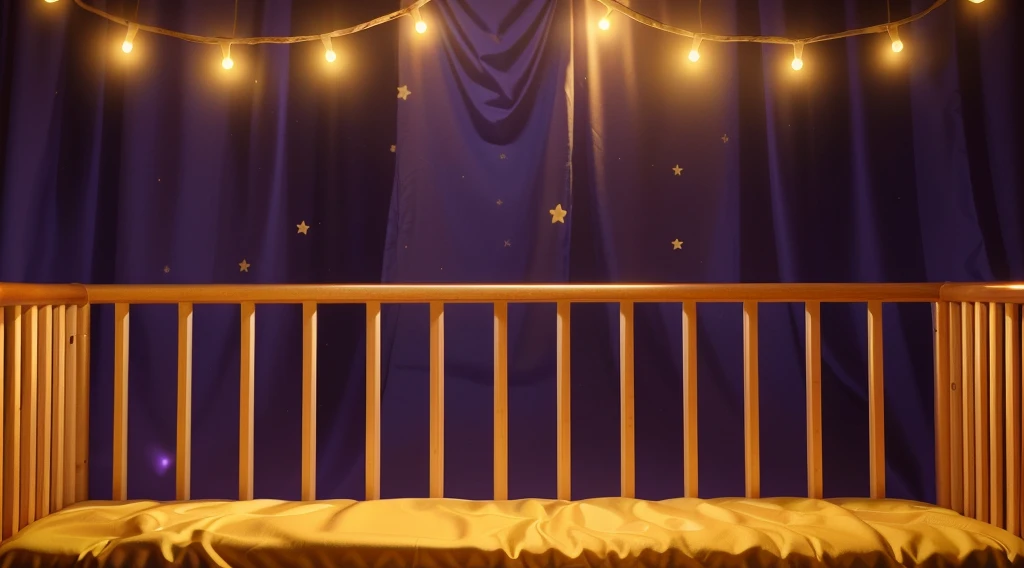 purple curtains purple curtains purple curtains purple curtains purple curtains purple curtains This image portrays a cozy and whimsical scene within a child's crib. The crib, with its warm orange and yellow wooden bars, stands against a vibrant backdrop of deep purple curtains adorned with stars. Strung across the top are charming yellow fairy lights, adding a magical and soothing ambiance. The crib bedding is a plush golden blanket, inviting and soft, suggesting a comfortable and secure resting place for a . This setting exudes a sense of warmth and safety, ideal for a child's imaginative and peaceful slumber. аffects render, (glossy plastic texture with multiple big light probe refractions), perfect cgi, smooth silhouette, high intensity refraction, (super glossy plastic material), most beautiful vfx, , realistic, 4k, high resolution, rim light, smooth 3d model, multiple light sources, rim light, sharp post effects render,, realistic, 4k, high resolution, rim light detailed digital art, reflective, best quality, 4k, masterpiece:1.2, ultra-detailed, realistic, vivid colors, The image of the highest quality, ensuring every detail showcased perfectly. It in 4k resolution, allowing viewers to immerse themselves in the richness of the colors and intricate details. The realistic rendering. under the spotlight, reflecting, high-resolution image, realistic rendering