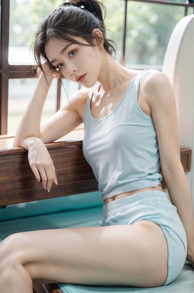 (((best quality))),(((ultra detailed))),(((masterpiece))),illustration,(1 beautiful girl,solo),((slim,thin)),((small breasts,flat chest)),(blush:1.5),summer afternoon,living room,sanctuary of tranquility,fitness,grace,(short ponytail:1.2),effortless elegance,((light blue yoga tank top,matching shorts)),youthful radiance,enchanting,inspiring,(sitting on treadmill:1.3),(arms behind back:1.3),(spread legs apart:1.3),body drenched in perspiration,(sweat:1.5),dedication,inner strength,determination,composed,focused,eyes,lush potted plant,greenery,life,vitality,soft sunlight,warm patches of light,fragrant cookies,cozy ambiance,attire,functional,fashionable,comfort,flexibility,slender figure,curves,lightweight material,unrestricted movement,sneakers,feet,grip,treadmill's belt,propel,forward,serene expression,slight smile,lips,focused on horizon,visualizing goals,dreams,radiant beauty, comfortable clothing,determined spirit,captivating,inspiring image,essence of summertime fitness,self-care,((from front,full body))
