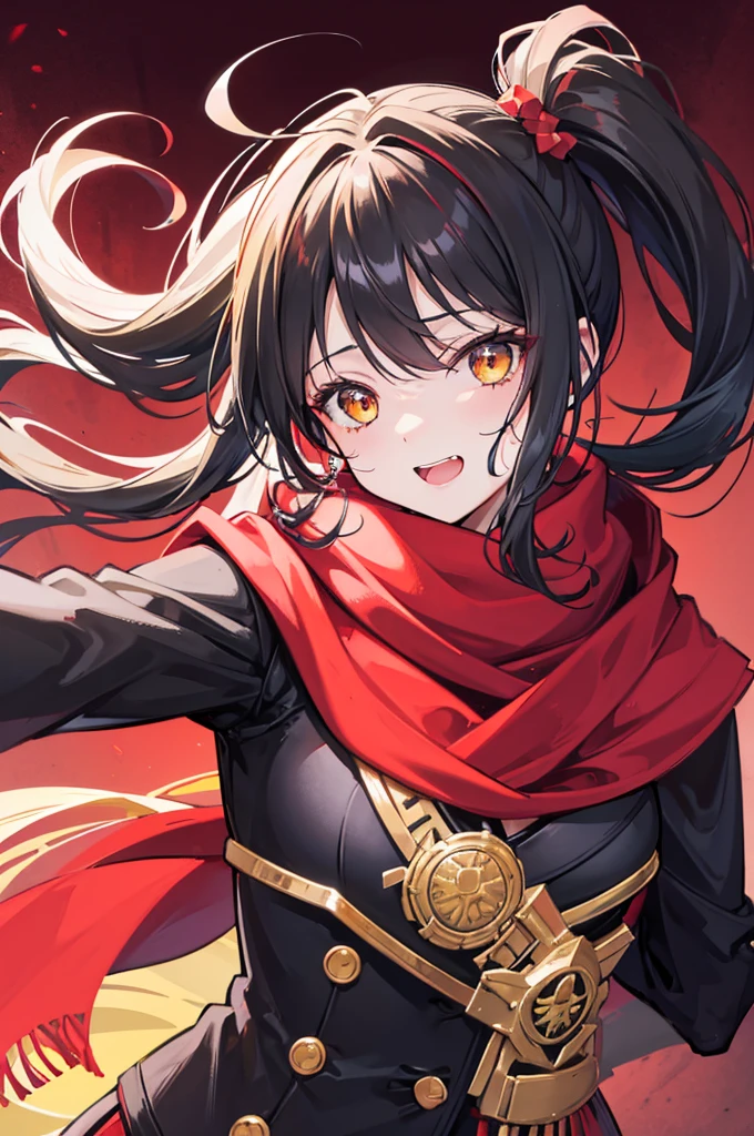 side ponytail, stupid hair, portrait, passionate fool, girl, Laugh loudly and energetically, golden eyes, red cloth scarf, B cup, Black Jacket, hero, courage, back hair