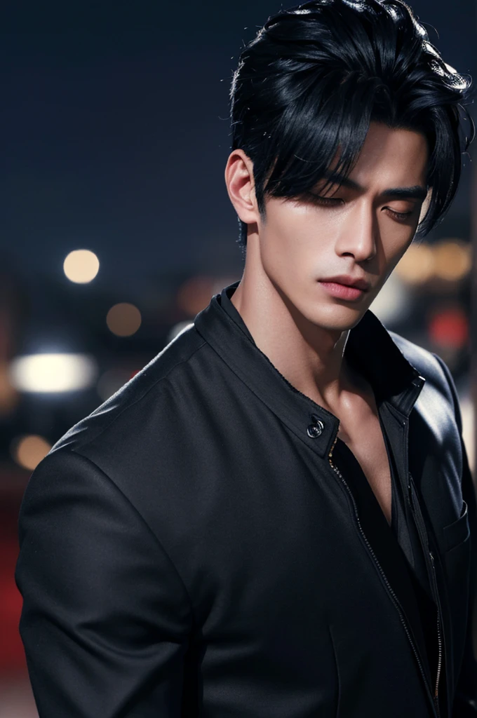 photo of beautiful (n4t3mm:0.99),owada mondo,1boy,(pompadour),closed eyes,handsome,(machoke:1.2),black gakuran,open jacket,muscular,black pants,(masterpiece:1.2) (photorealistic:1.2) (bokeh) (best quality) (detailed skin:1.2) (intricate details) (nighttime) (8k) (HDR) (cinematic lighting) (sharp focus),(looking at the camera:1.1),((closeup portrait:1.2)),colorful outfit,